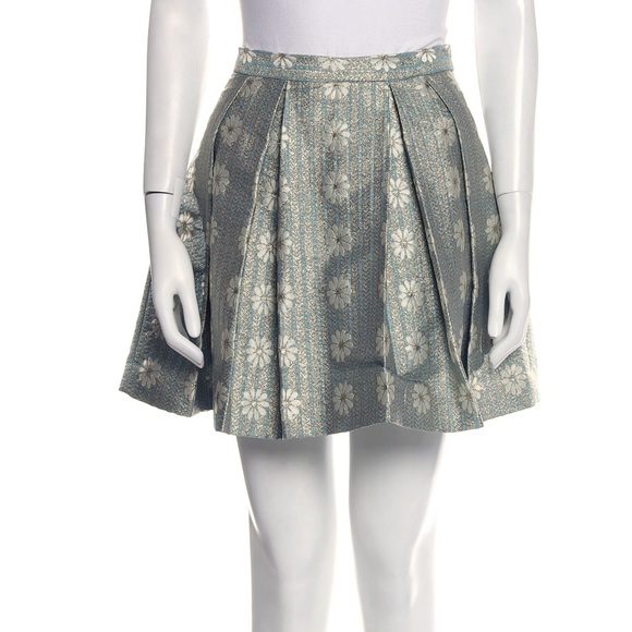 RED VALENTINO Daisy Lurex Jacquard Pleated Mini A-Line Skirt in Blue and Gold - Picture 6 of 11